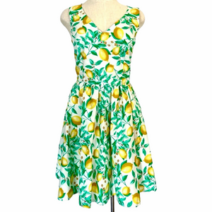 Elle Yellow Green Lemon Print Size 6 Dress Fit Flare Retro Sundress NEW